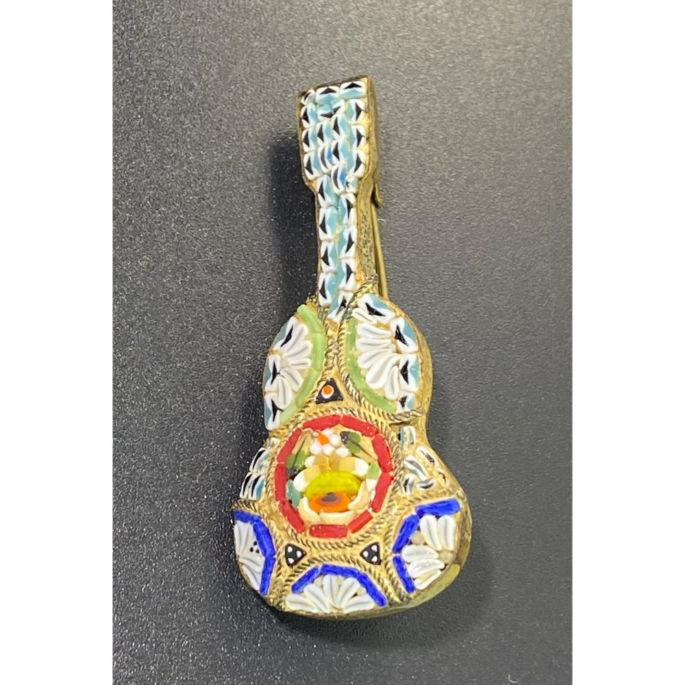 Vintage Micro Mosaic Guitar Brooch Pin Italy Gold Tone Instrument - Picture 2 of 7
